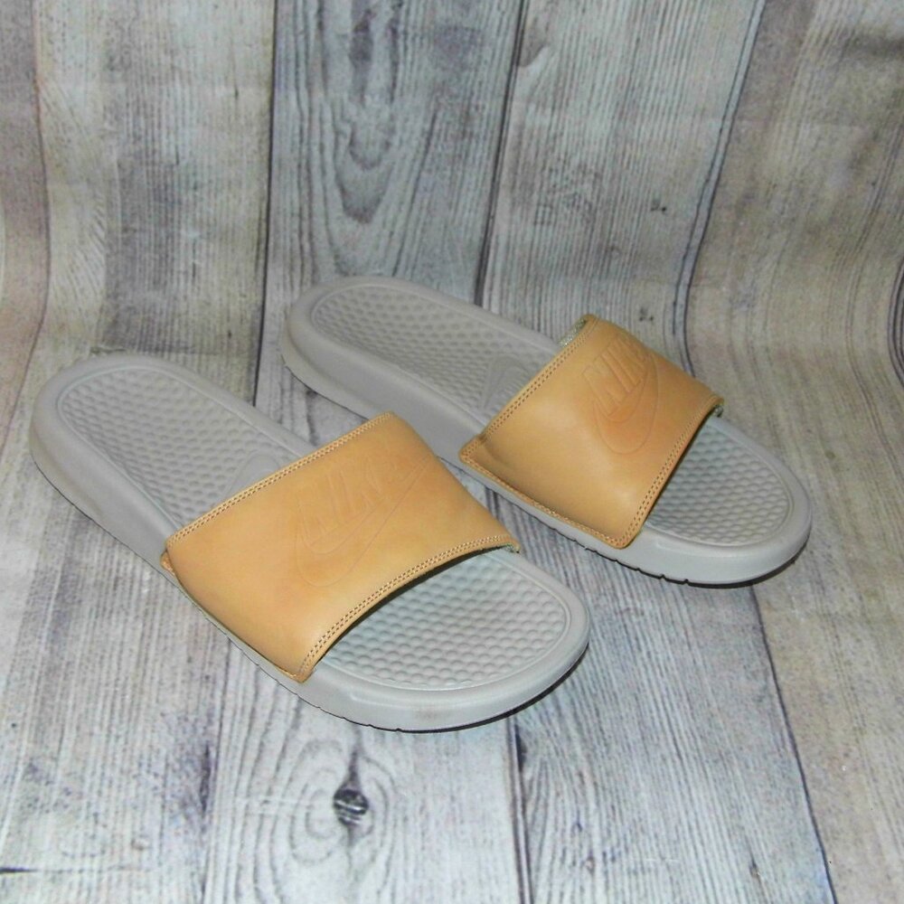 NIKE Benassi JDI Tan/Gray Slide Sandals Womens Size 8